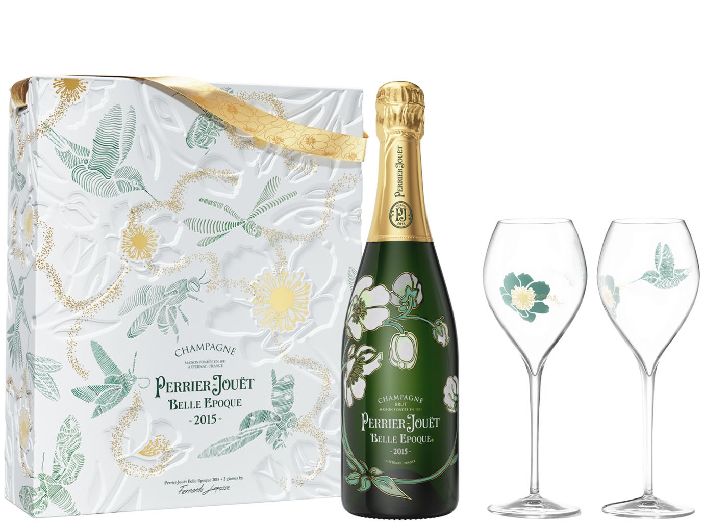 Perrier-Jouet Belle Epoque Champagne 2015 & 2x Glass Gift Box