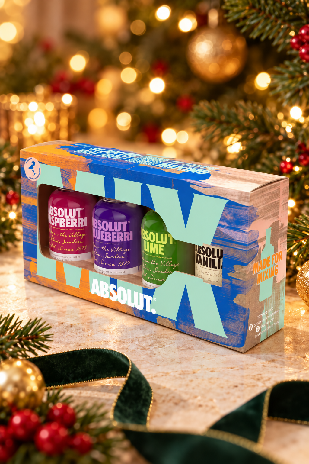 Absolut Tasting Pack 4x50ml in a festive Christmas setting. Decorations not included.