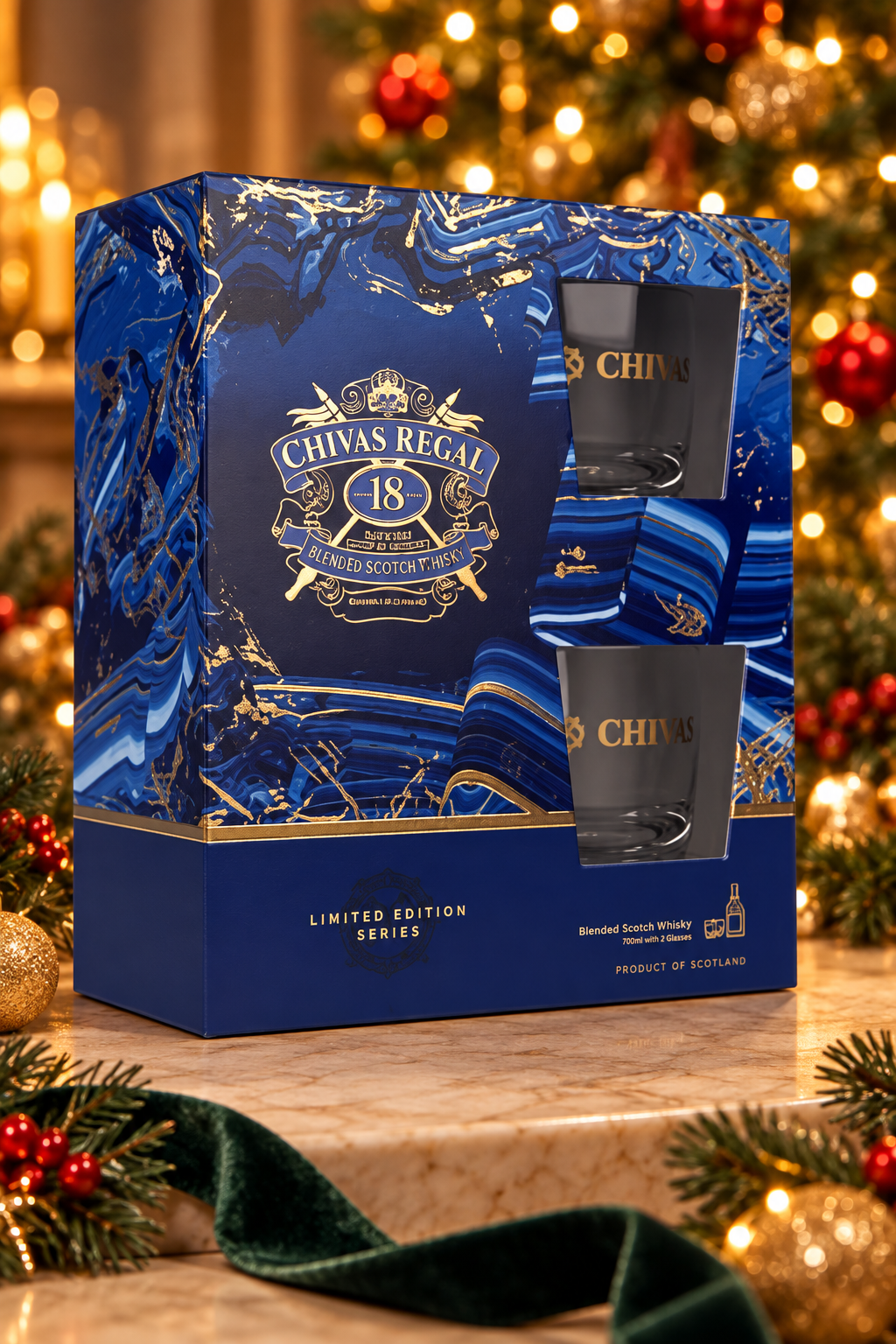 Chivas Regal 18 Year Old Blended Scotch Whisky 700ml & Two Glass Gift Pack in a festive Christmas setting. Decorations not included.