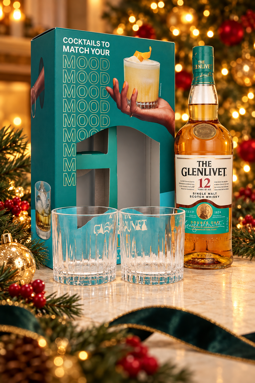 The Glenlivet 12 Year Old Single Malt Whisky 700ml & Two Glass Gift Pack in a festive Christmas setting. Decorations not included.