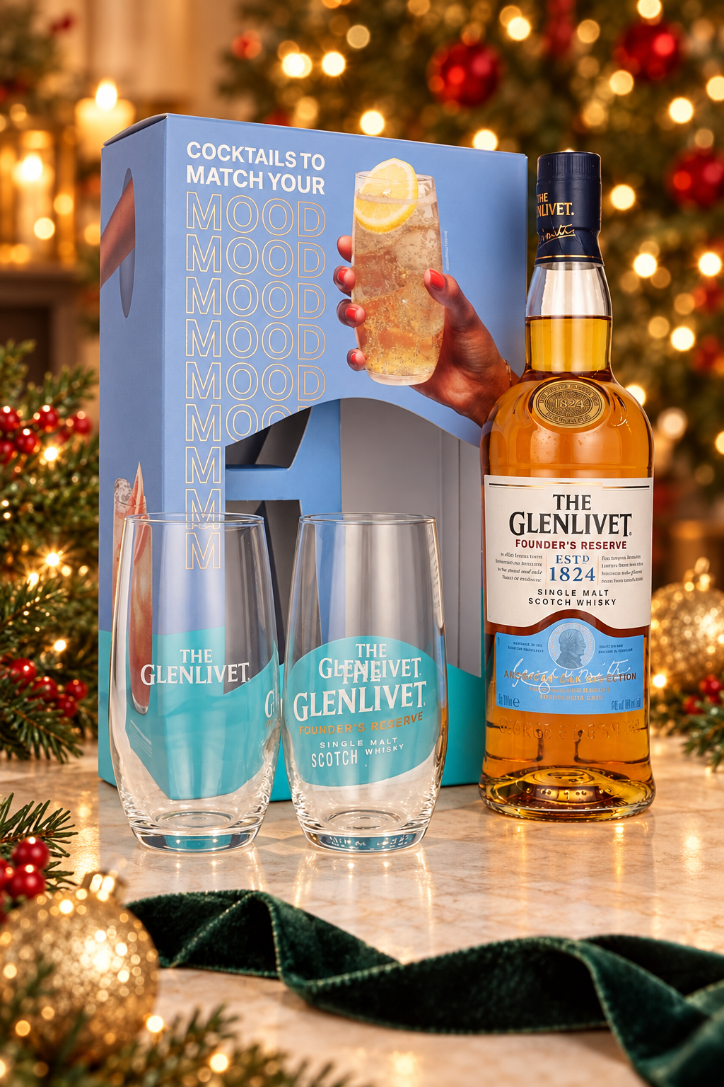 The Glenlivet Founder's Reserve & 2 Glasses Gift Pack 700ml in a festive Christmas setting. Decorations not included.