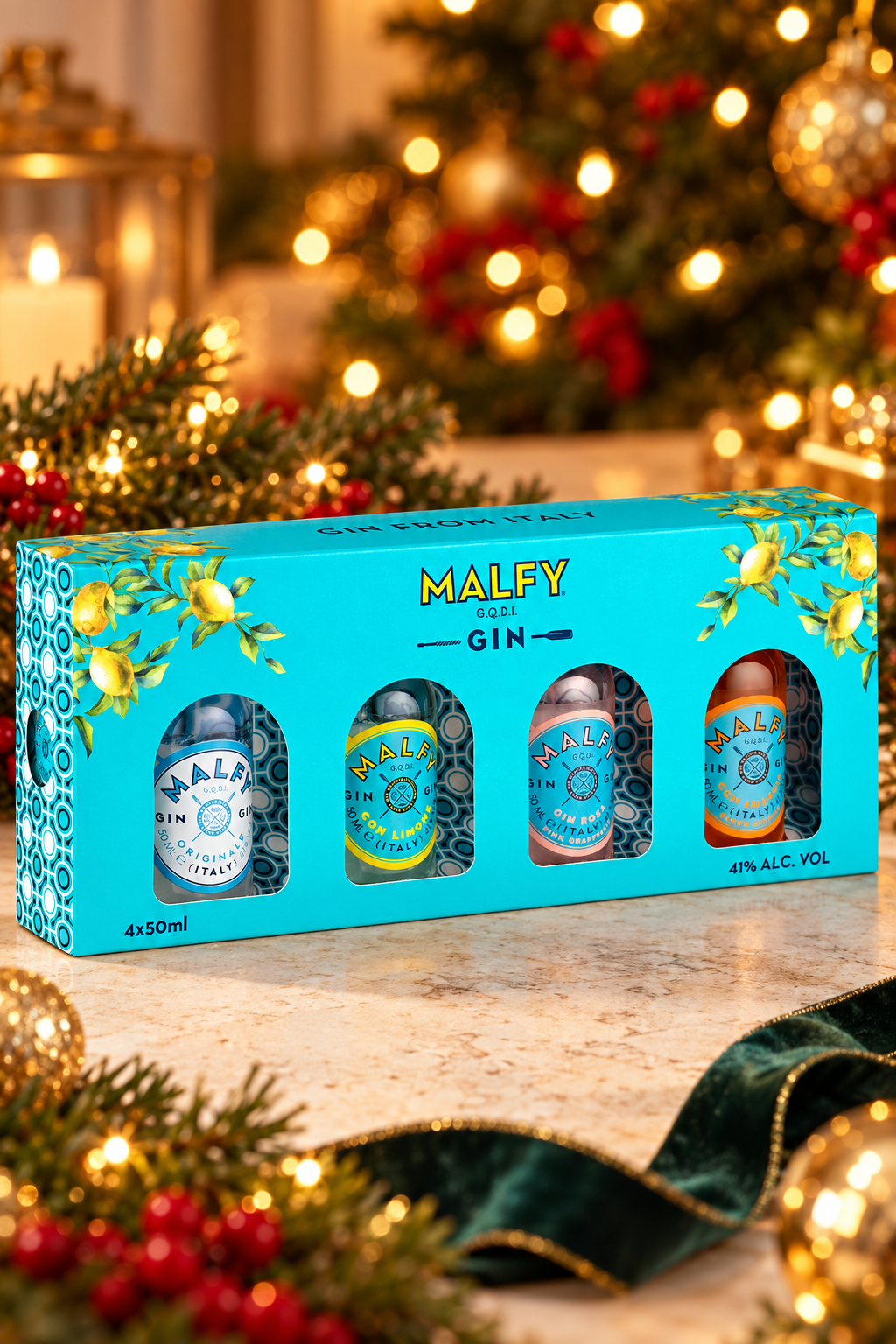 Malfy Gin Discovery Pack 4x 50ml Miniatures in a festive Christmas setting. Decorations not included.