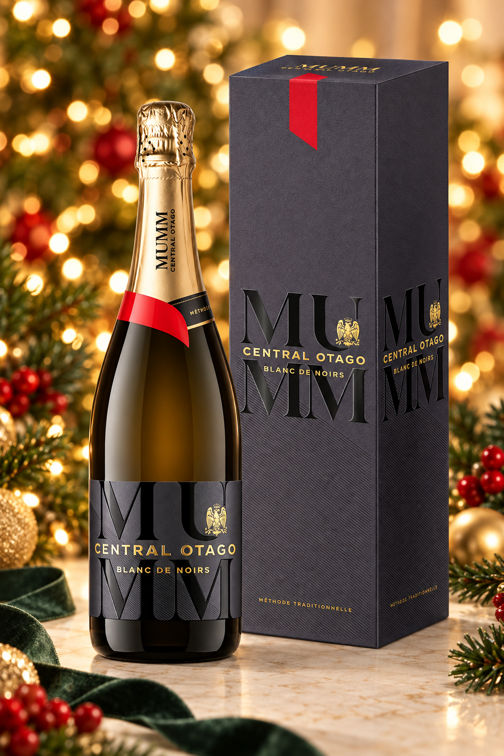 Mumm Central Otago Blanc De Noirs Gift Box in a festive Christmas setting. Decorations not included.