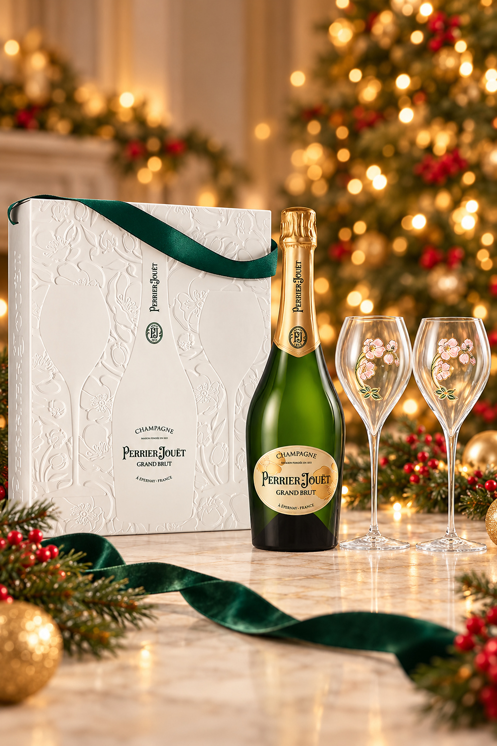 Perrier-Jouet Grand Brut Champagne NV & 2x Glass Gift Box in a festive Christmas setting. Decorations not included.