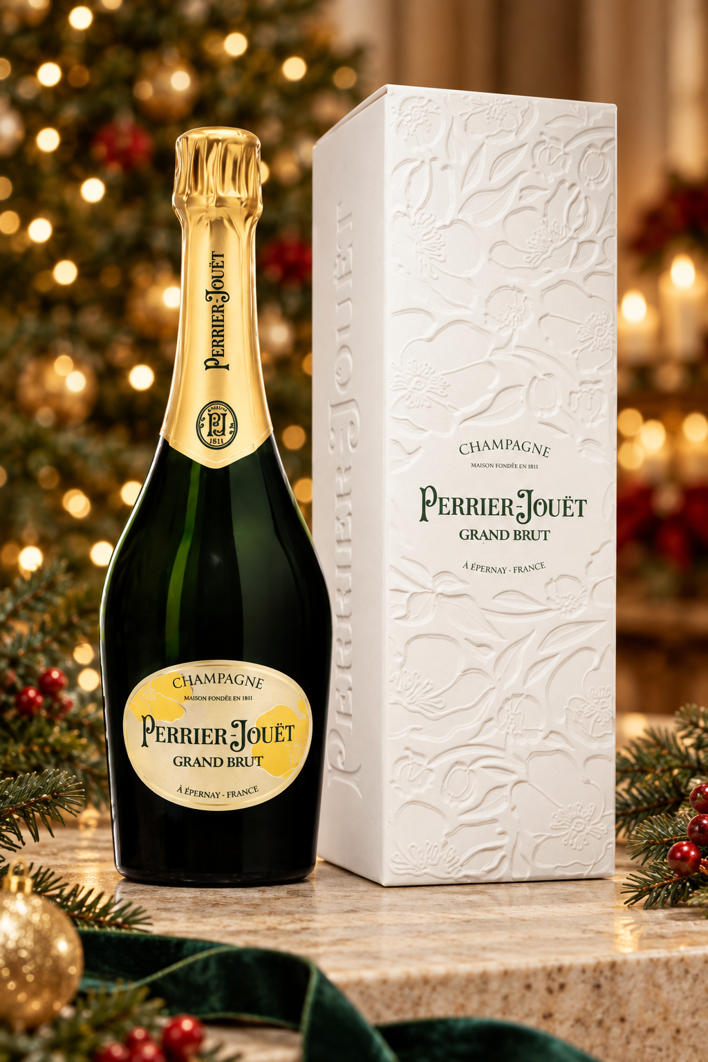 Perrier-Jouët Grand Brut Champagne and its white gift box in a festive Christmas setting. Decorations not included.
