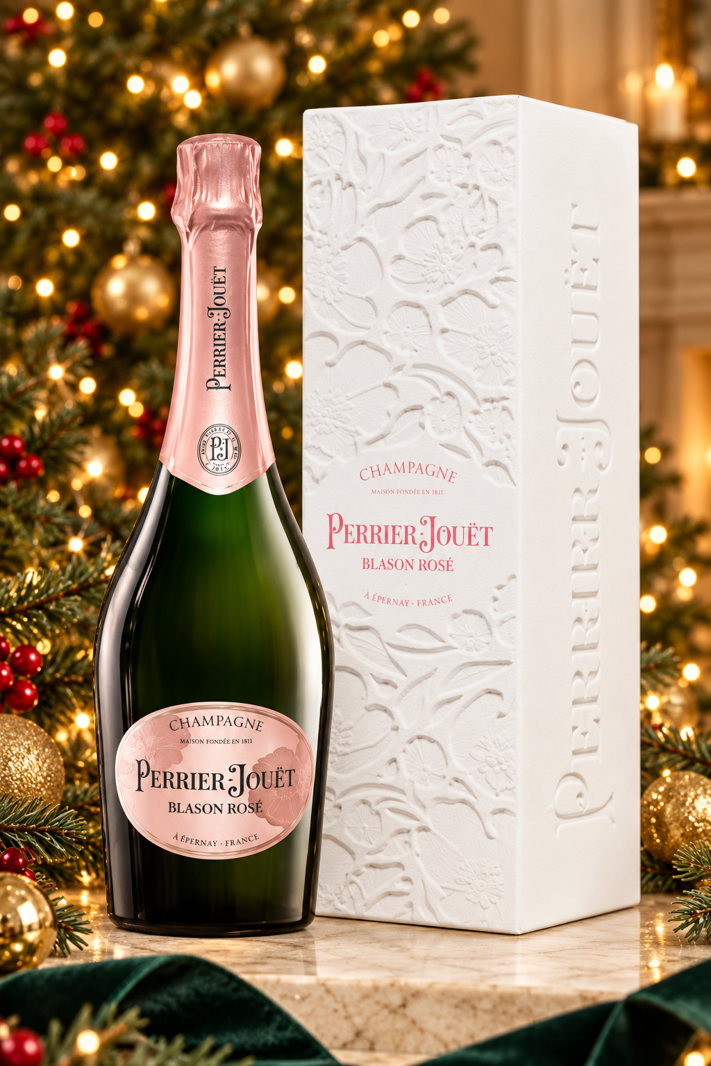 Perrier Jouet Blason Rose Champagne in Gift Box NV in a festive Christmas setting. Decorations not included.