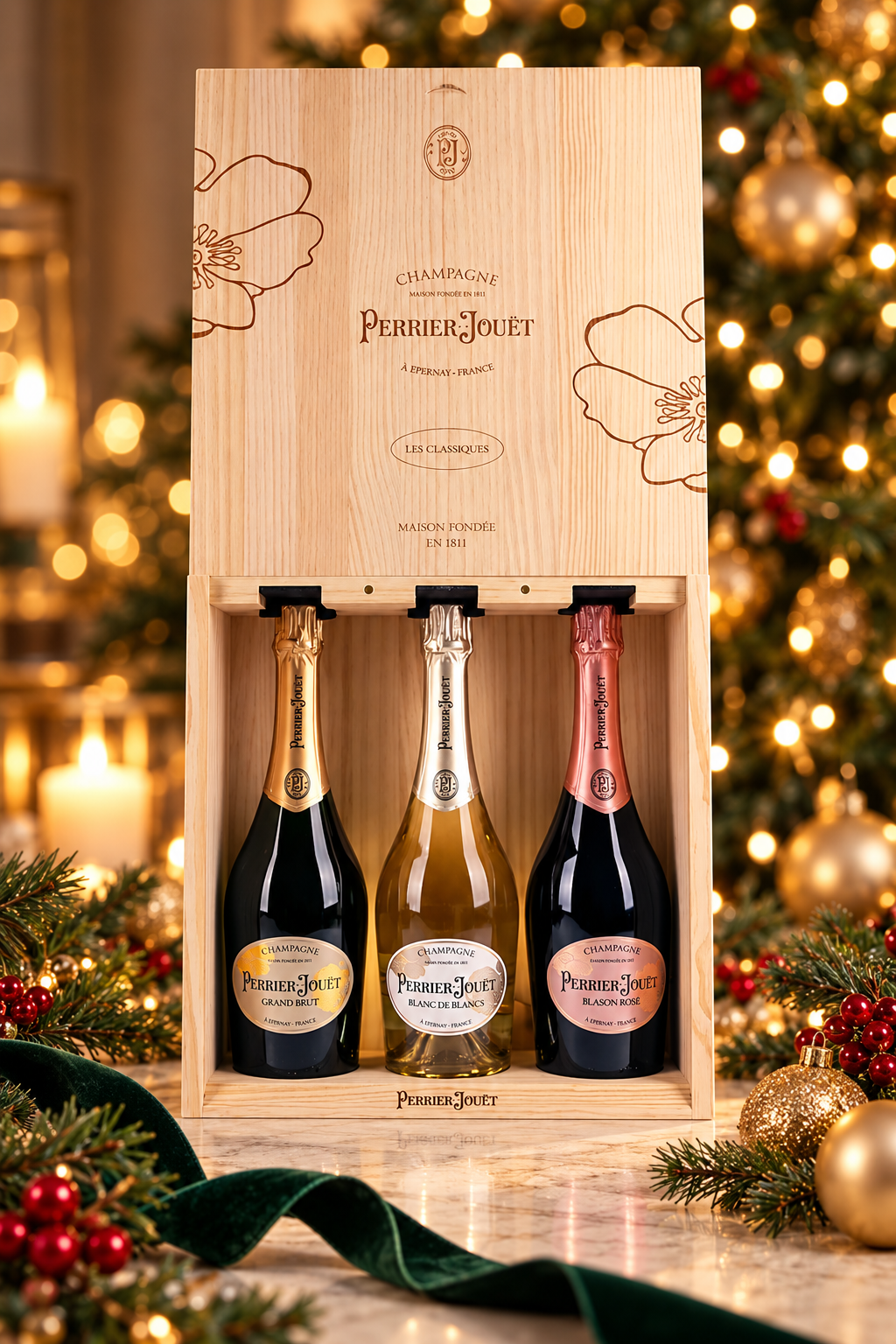 Perrier-Jouët Discovery Trio Wooden Gift Box (3x750ml) in a festive Christmas setting. Decorations not included.